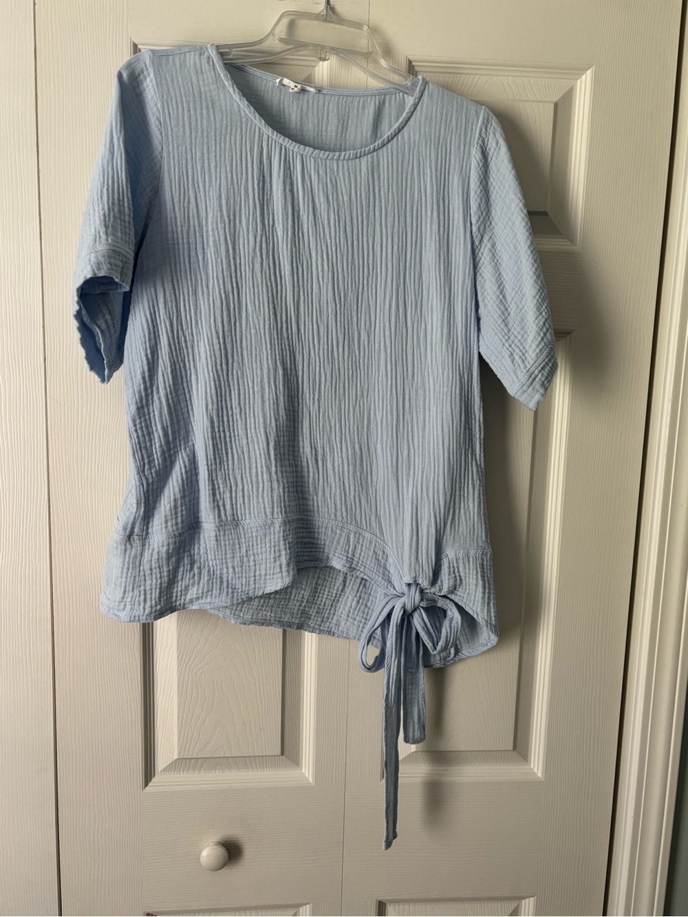 Light Blue Short Sleeve Tie-Hem Blouse for Women